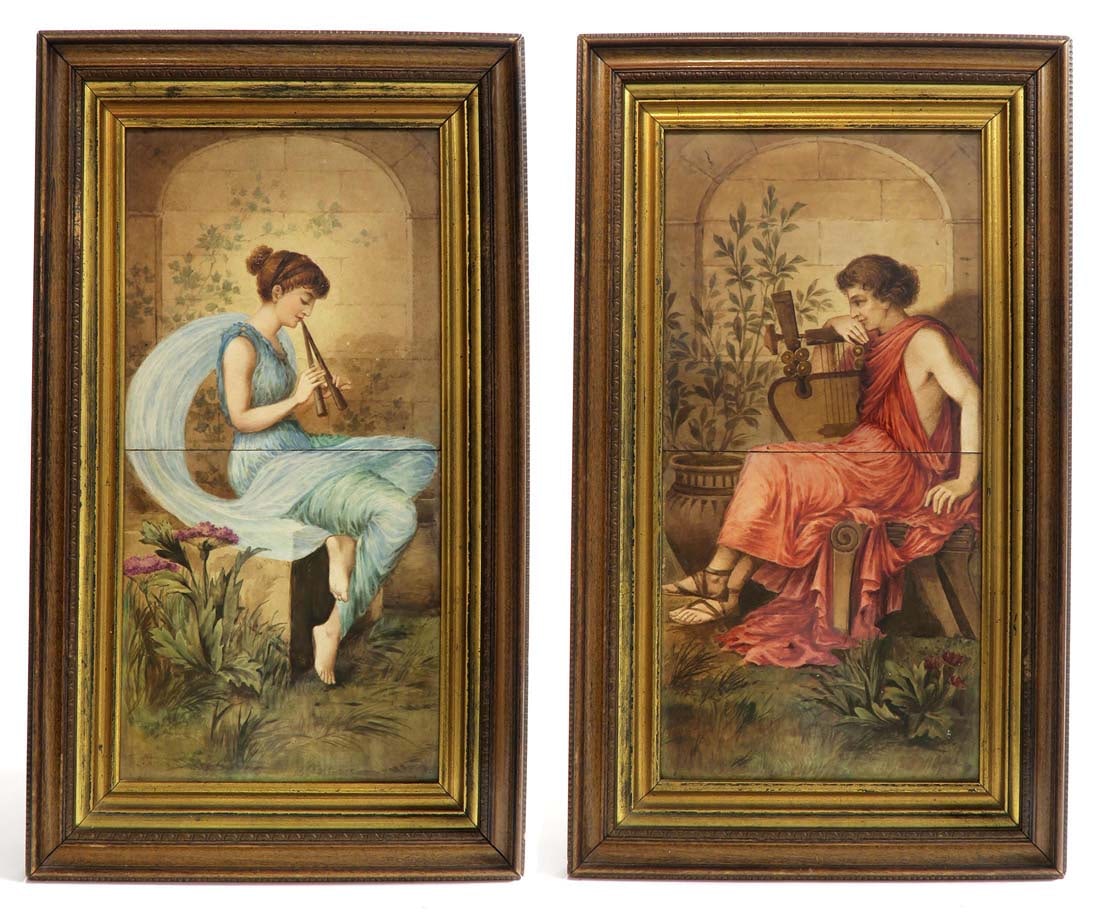 19th C. Large Pair of French Hand Painted Plaques/Tiles: 19th C. Large Pair of French Hand Painted Plaques/Tiles. 19" x 11" (Both).