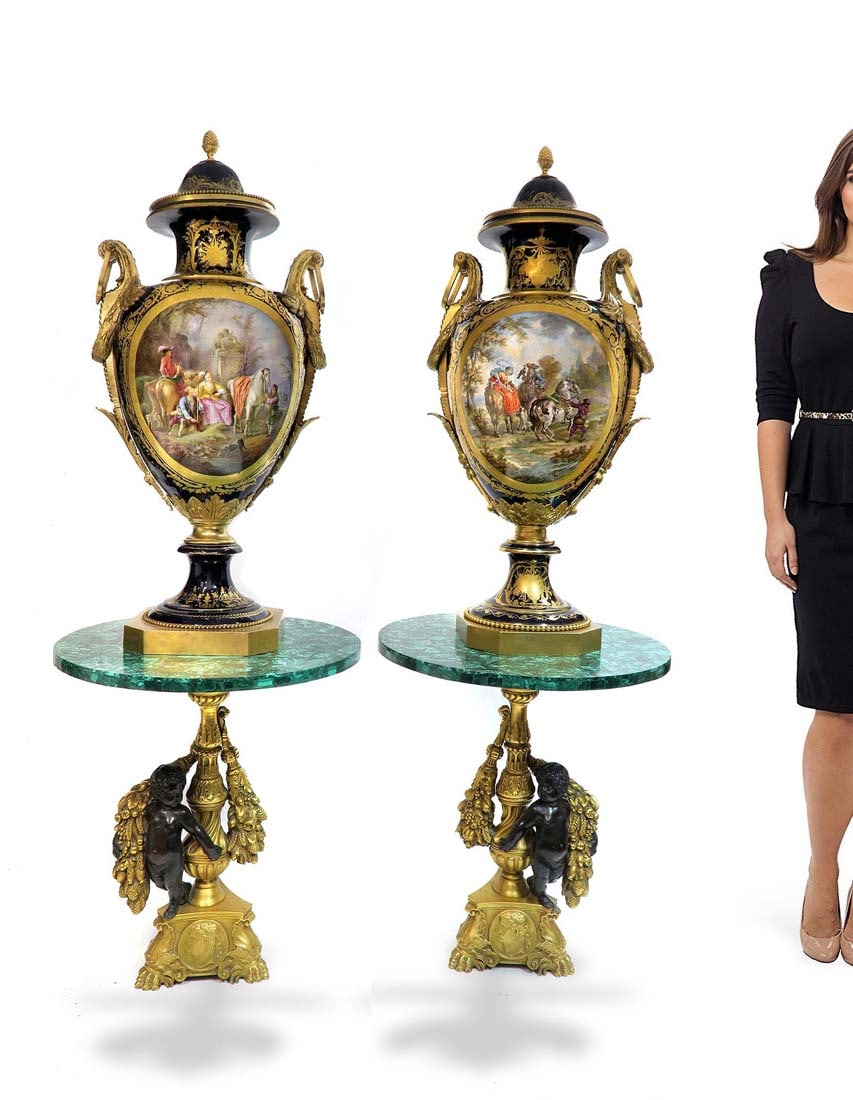 Near Identical Pair of Palatial French Sevres Vases: Near Identical Pair of Palatial French Sevres Vases. H 40" x W 18". Note: Pair of Malachite bases are NOT included!