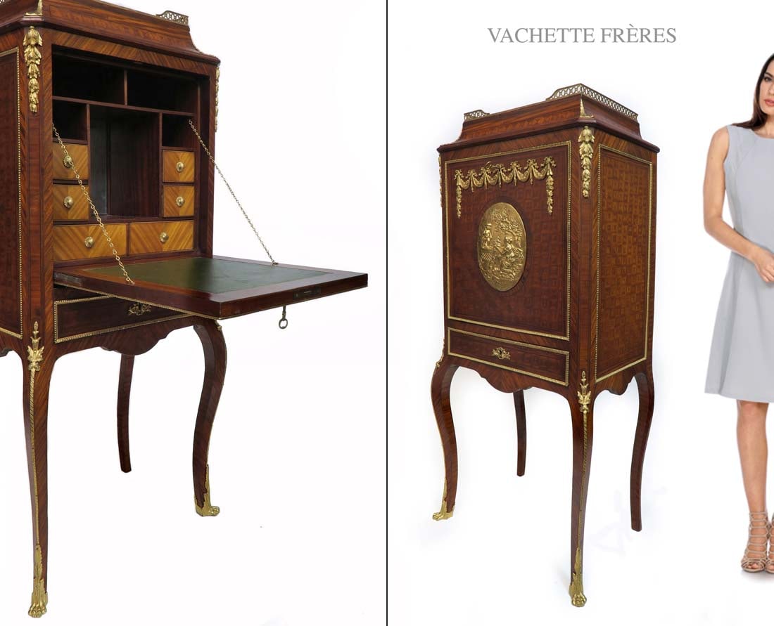 19th C French VACHETTE FRERES Bronze Secretaire Cabinet: 19th Century French VACHETTE FRERES Bronze Secretaire Cabinet. H 54" x 16" x 24"