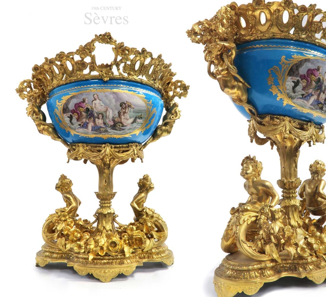 19th C Large Louis XV Figural Bronze\Sevres Centerpiece: A Large French Louis XV St. Figural Ormolu And Sevres Porcelain Centerpiece. 19th Century. Note: Matching vases listed in following lot (#60A)! H 20" x 19" x 15.5"