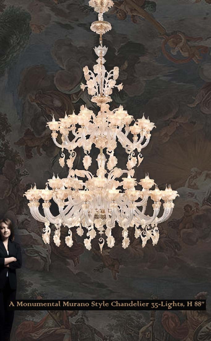 A Monumental Murano Style Chandelier 35-Lights, H 88": A Monumental Murano Style Crystal Glass Chandelier 35-Lights, H 88” x D 60"