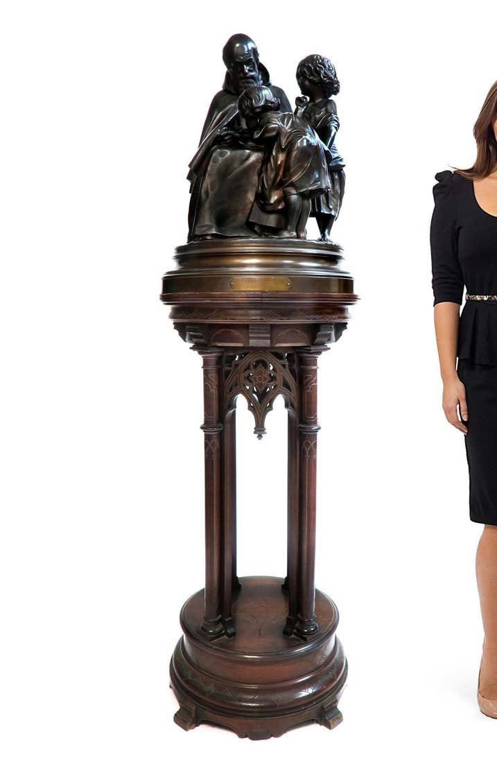 A Large Religious Bronze Figural Group "Vendredi Saint": A Large Bronze Figural Group Sculpture Entitled Vendredi Saint (Good Friday) on original carved wood stand. Circa 1860s Cast By Collin Paris by Michel Pascal. Total Sizes: H 70" x W 21", Statue: H 28"