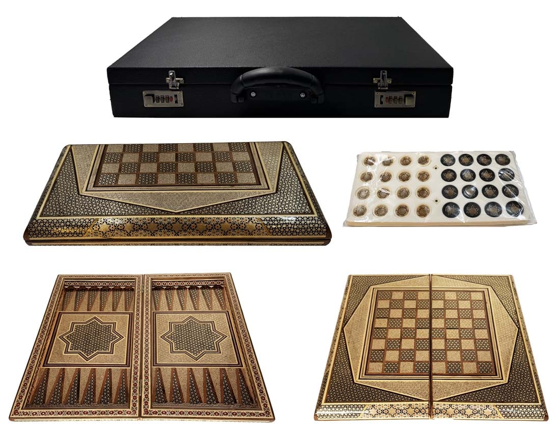 A Persian Khatam Wooden Backgammon W/ Case Bag: A Persian Khatam Wooden Backgammon W/ Case Bag. About Khatam art: A Persian woodworking technique that involves inlaying geometric patterns into wood. The art of creating khatam is called khatam-kari 