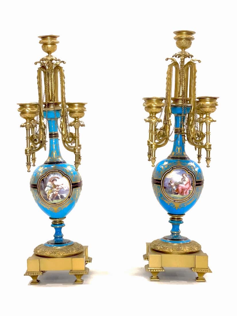A Pair of 19th C. French Sevres & Bronze Candelabras: A Pair of 19th C. French Sevres Hand Painted Porcelain & Bronze Candelabras. H 18.5" x 4.75"