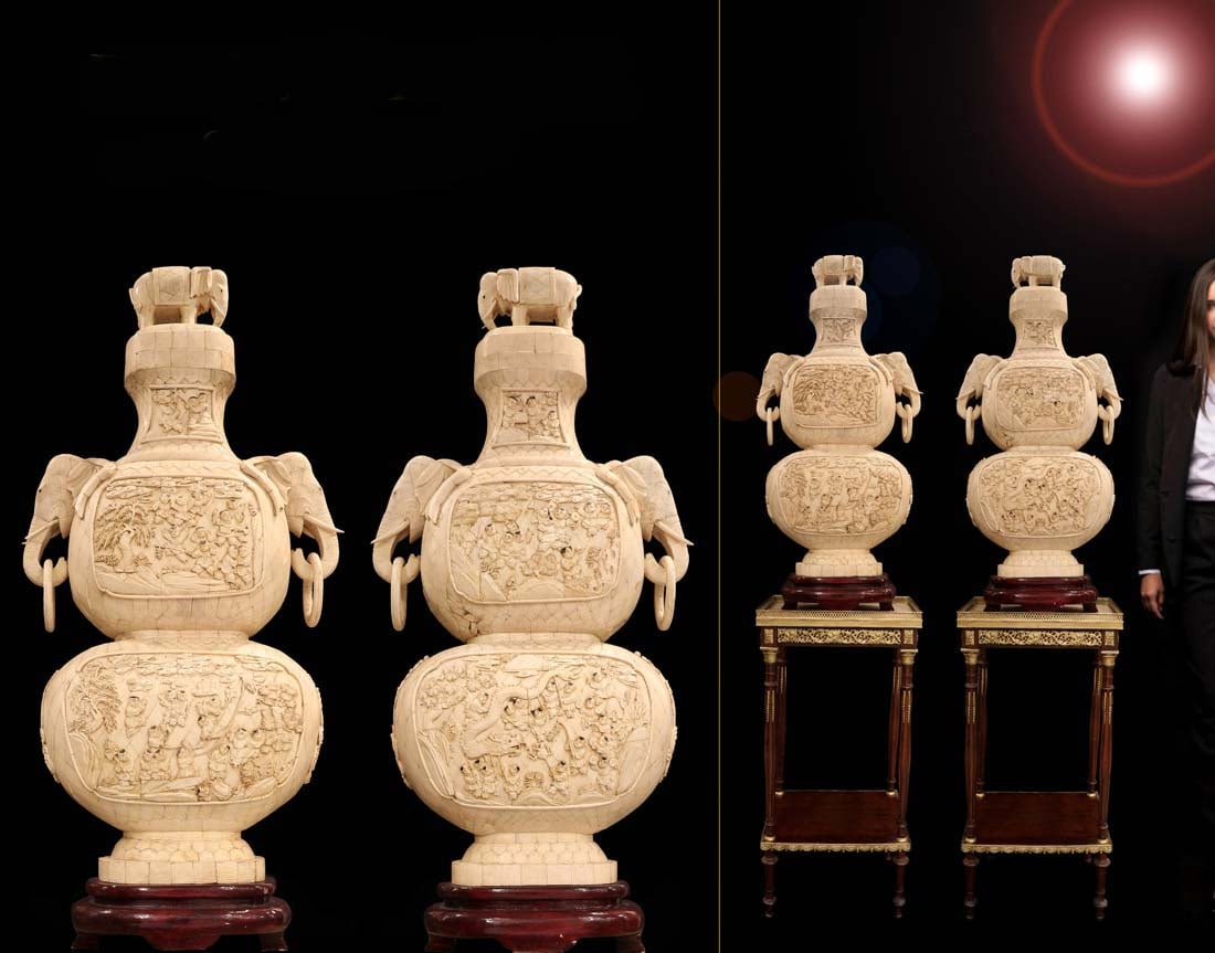 A Pair of Monumental Chinese Bone Vases/Urns: A Pair of Monumental Chinese Bone Vases/Urns. Note: The pedestals are NOT included! H 39"