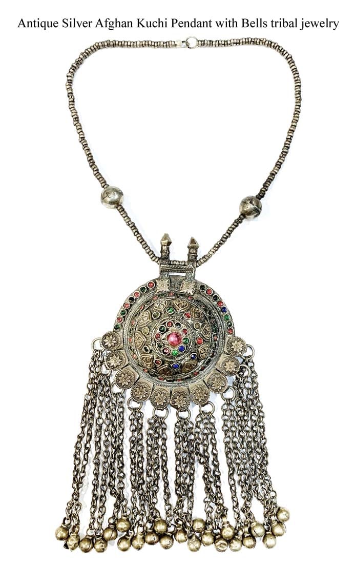 An Antique Afghan Kuchi Bells Tribal Jeweled Silver Pendant: An Antique Afghan Kuchi Bells Tribal Jeweled Silver Pendant.