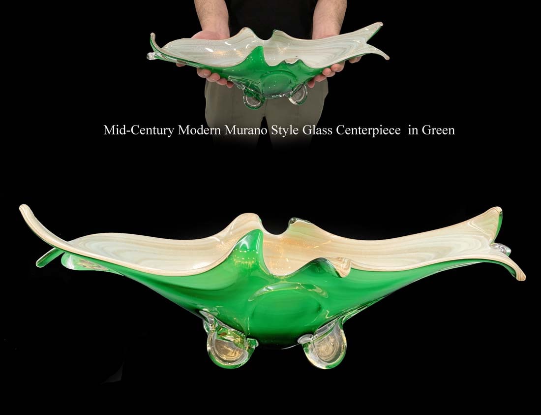 A Mid-20th Century Modern Murano Style Glass Candy Bowl/Centerpiece: A Mid-20th Century Modern Murano Style Green Glass Bowl/Centerpiece. H 6" x 20" x 9"