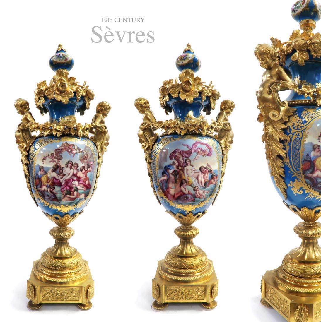 A Pair of Large 19th C. Sevres Hand Painted Bronze Figural Vases: A Pair of Large 19th C. French Sevres Hand Painted Porcelain Bronze Figural Vases. Note: Matching centerpiece listed in previous lot (#60)! H 29.5" x 11.5" x 8.5"