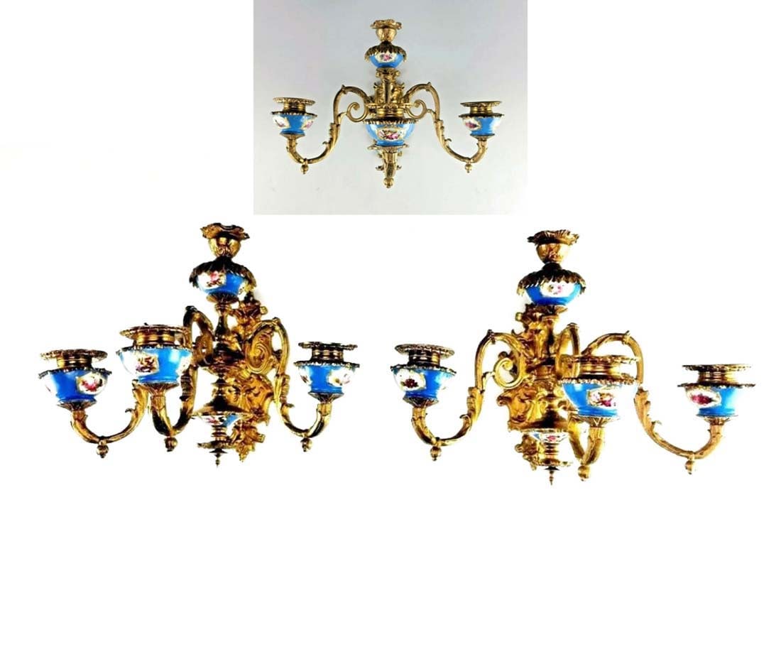 A Pair of French Sevres Gilt Bronze Wall Sconces: A Pair of French Sevres Hand painted Porcelain & Gilt Bronze Wall Sconces, 19th century. H 10" x W 12"