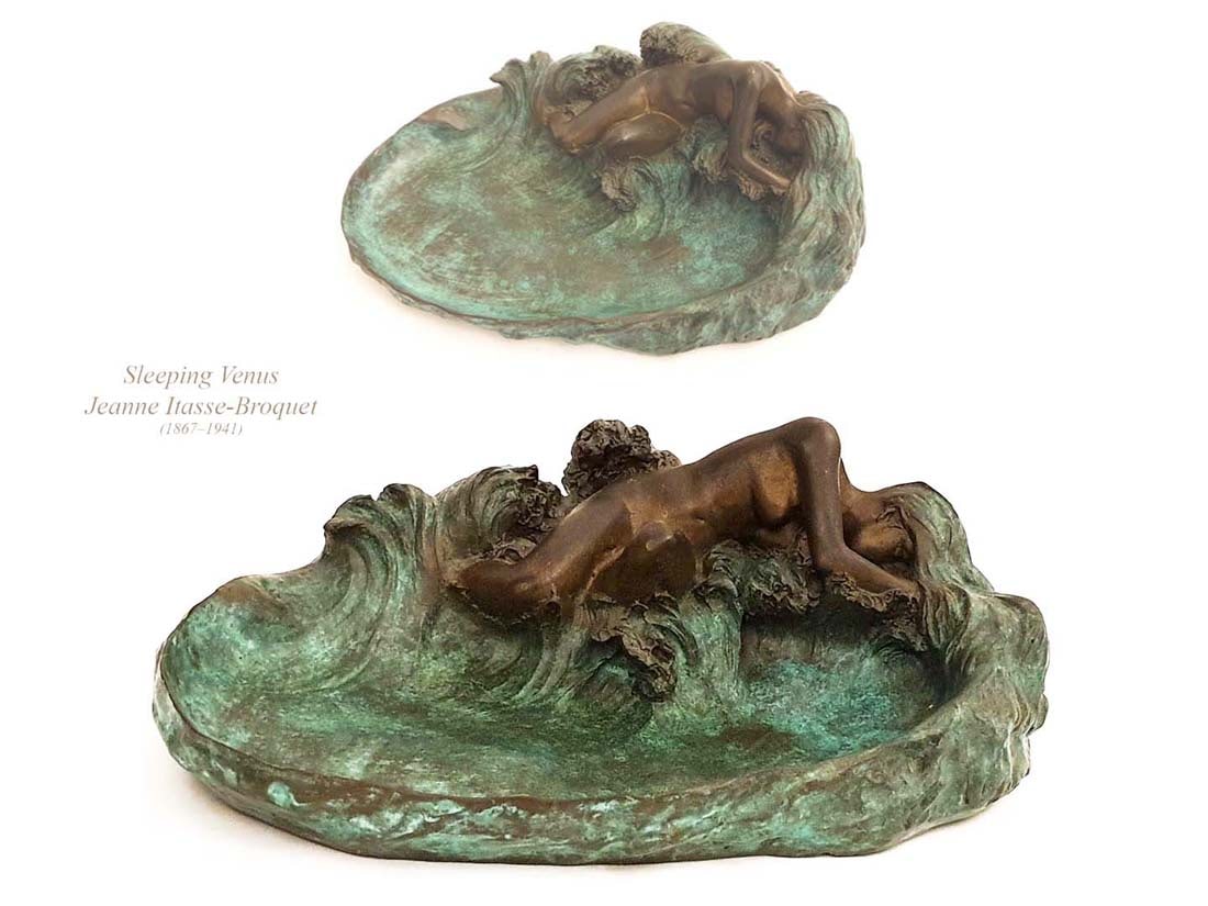 Sleeping Venus, A Jeanne Itasse-Broquet Bronze Figural Centerpiece, Signed: Sleeping Venus, A Jeanne Itasse-Broquet Bronze Figural Centerpiece, Signed. L 9.5". About Artist: Jeanne Itasse-Broquet (1867â€“1941) was a French sculptor. She began her career at the age of 