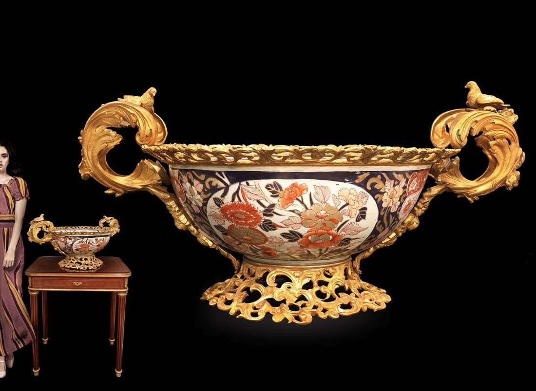 19th C. French Louis XVI Style Bronze Imari Figural Centerpiece: An exquisite 19th century French Louis XVI Style Figural ormolu and Imari porcelain centerpiece. L 28" x H 10" x W 20"