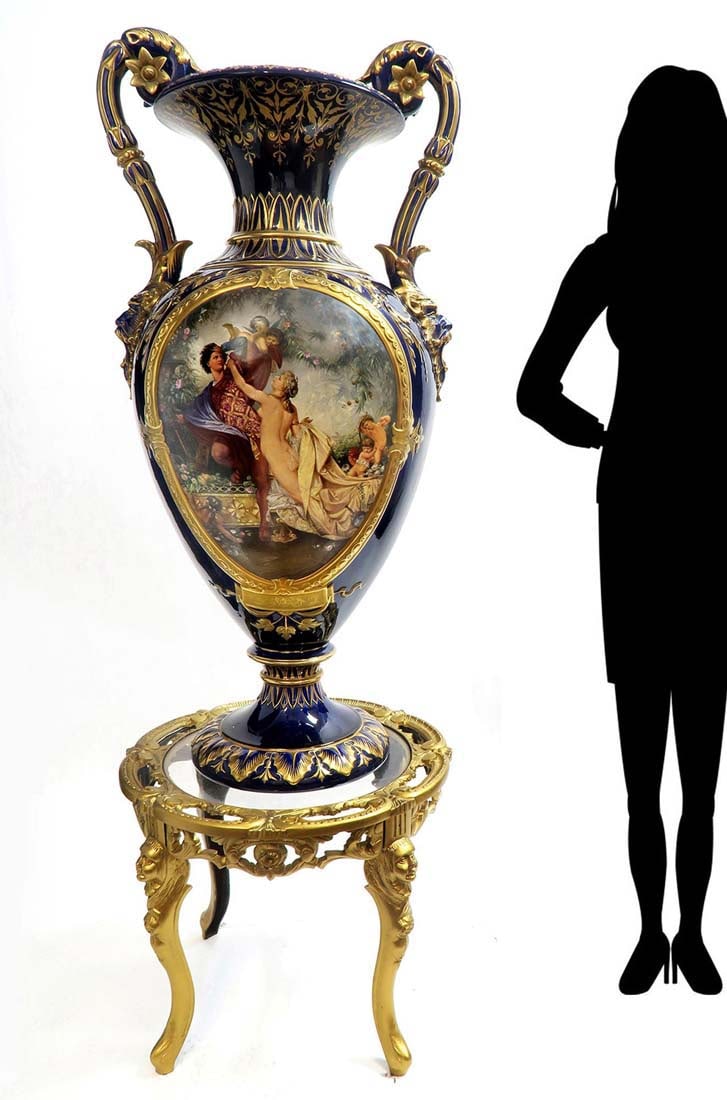 19th C. Monumental Royal Vienna Style Vase: 19th C. Monumental Royal Vienna Style Hand Painted Porcelain Vase on a base. H 61" with Base, H 44" Vase only x W 22"
