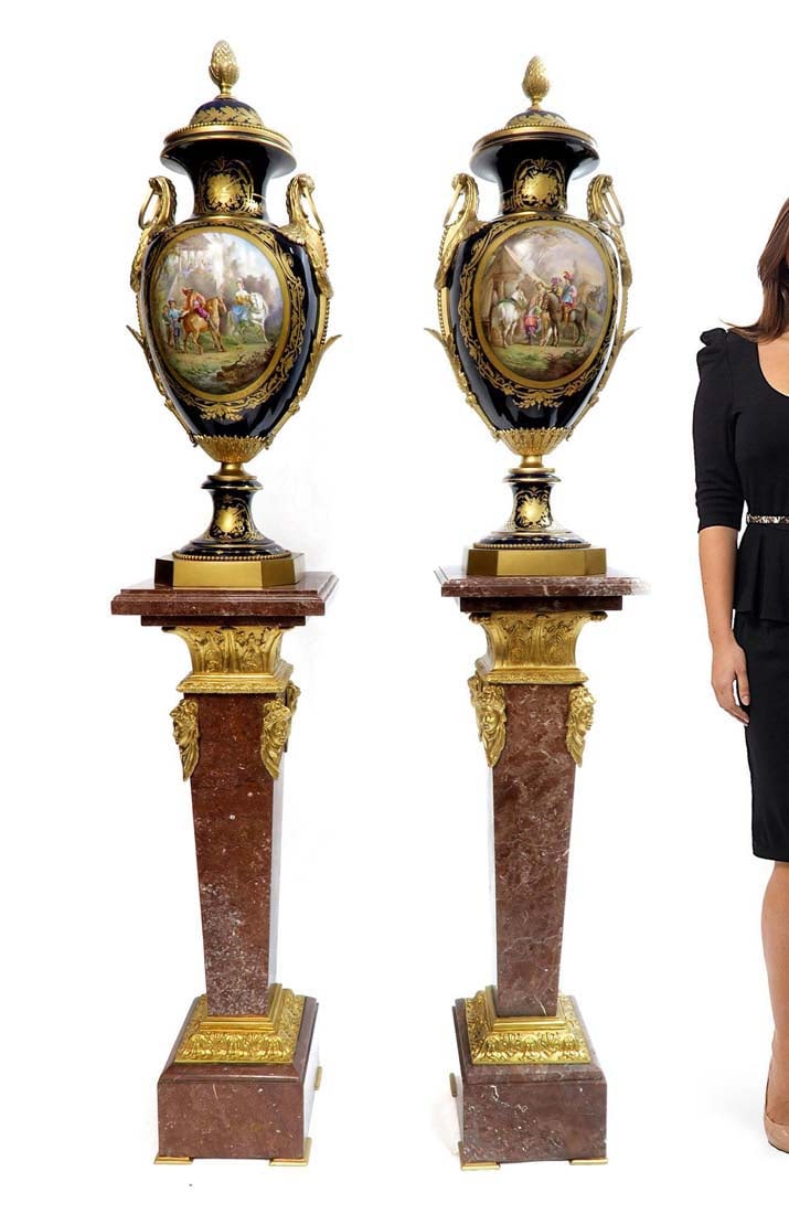 Monumental Pair of Bronze Mounted Sevres Vases, 19th C.: A Pair of Monumental 19th C. French cobalt Sevres bronze mounted Hand Painted Porcelain vases. NOTE: Pedestals not included (Sold separately in next lot). H 36.1/2" x W 16"