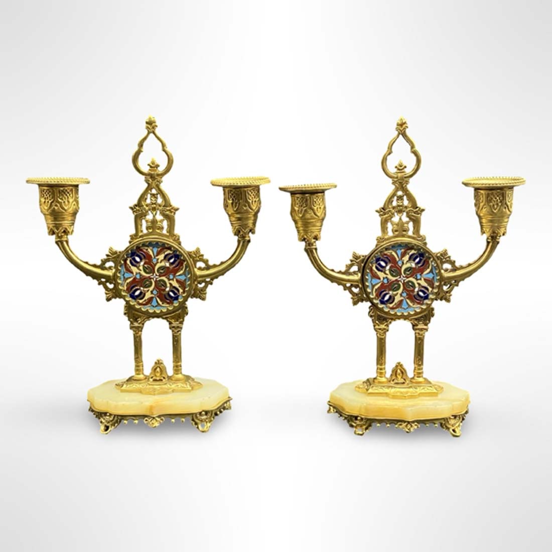 19th C. French Champleve Bronze Onyx Clock Set - 7