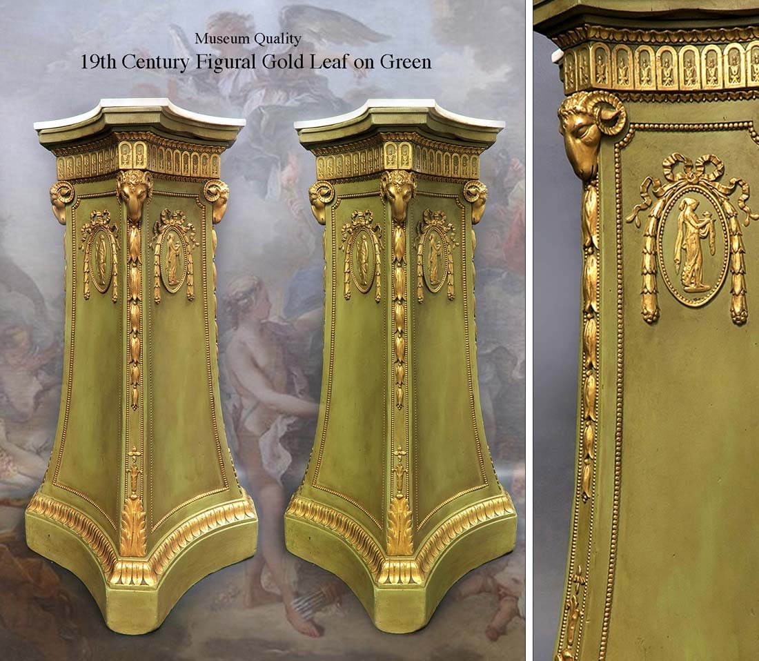 A Pair of 19th Century French Figural Gold Leaf Pedestals: A Pair of 19th Century French Figural Gold Leaf Pedestals. H 40.5" x D 20"