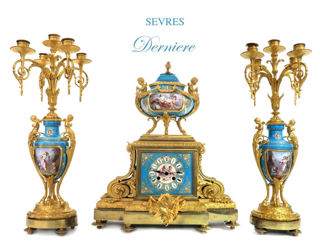 19th C. French Sevres Gilt Ormlu Derniere Clock Set: 19th C. French Sevres Gilt Ormlu Derniere Clock Set. French Gilt Bronze & Hand Painted Porcelain. Clock: 20" x 17" x 8", Candelabras: H 23"