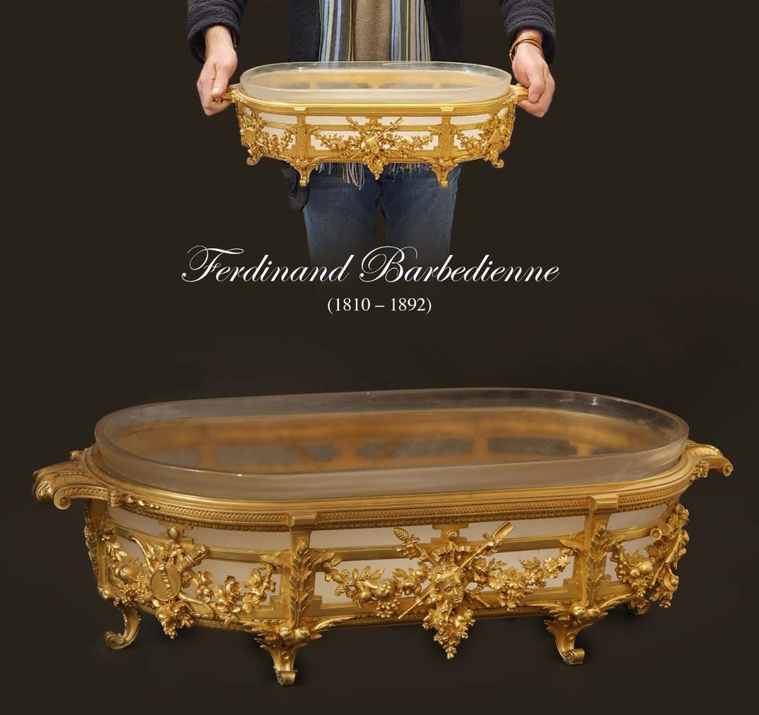 A Large 19th C. French F. Barbedienne Figural Bronze Centerpiece, Signed: A Large 19th C. French F. Barbedienne Figural Ormolu Centerpiece, Signed. W 10" x L 22" x H 6.5"