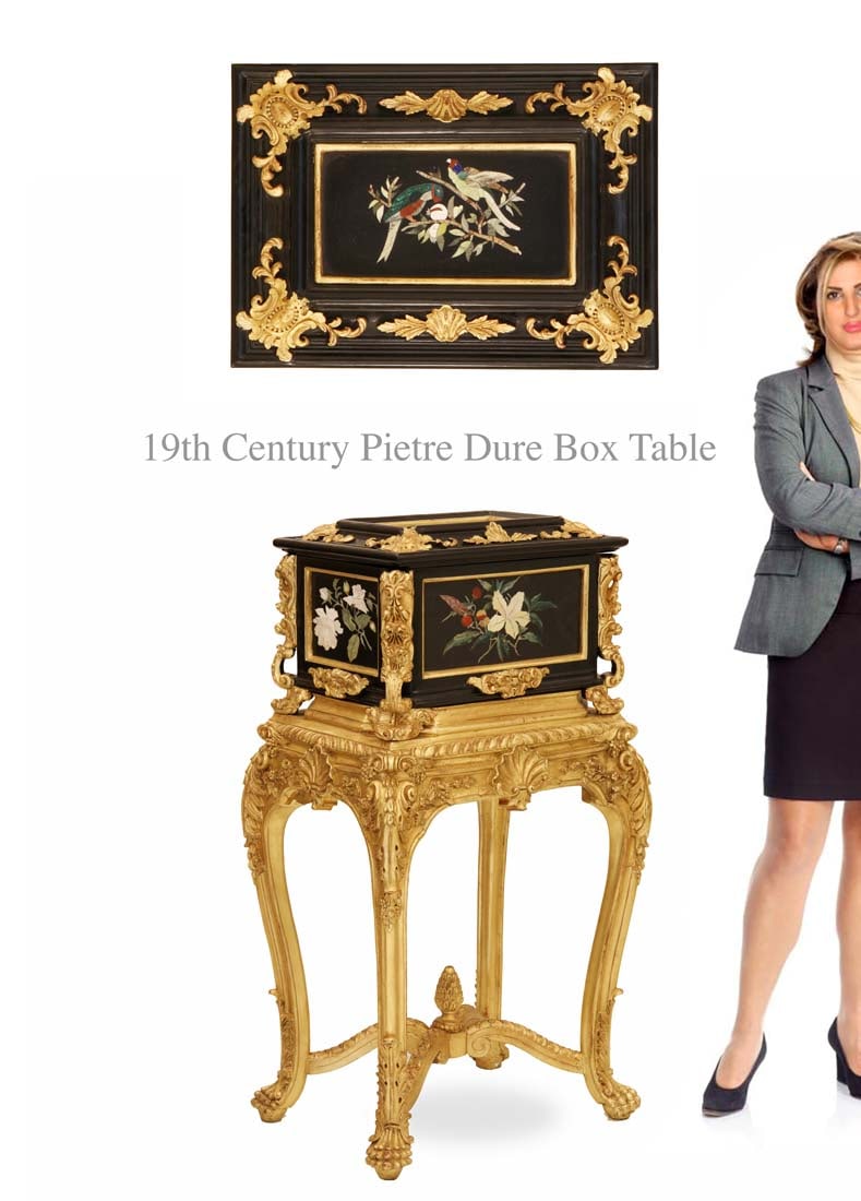 19th C. Italian Pietre Dure Jewelry Box Table: 19th C. Italian Pietre Dure Jewelry Box Table. H 47" x 22" x 16.5"