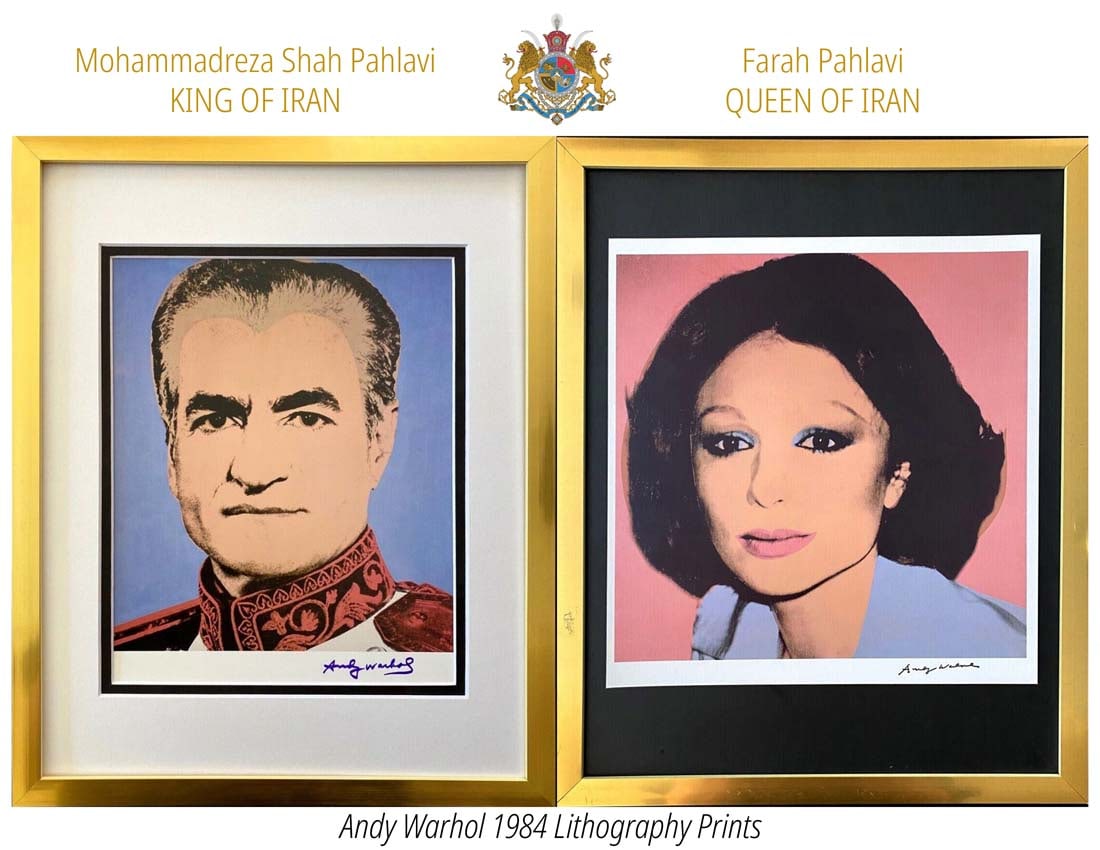 The Shah & The Queen of IRAN, A Pair of ANDY WARHOL Framed Lithography: THE SHAH and THE QUEEN OF IRAN Portraits, A Pair of after Andy Warhol FACSIMILE SIGNATURE IN BLUE INK Matted Lithography. 1984 limited edition printed. Brand new condition, Framed. 12" x 15" (each one