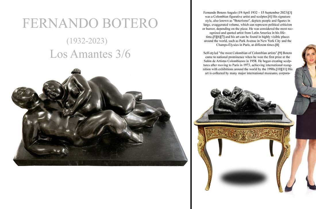 A Large FERNANDO BOTERO Los Amantes Bronze Sculpture, Signed: A Large FERNANDO BOTERO Los Amantes Bronze Sculpture, Signed, Sealed & NUM 3/6. 23.5" x 12" X H 9". NOTE: The base/table is NOT included!