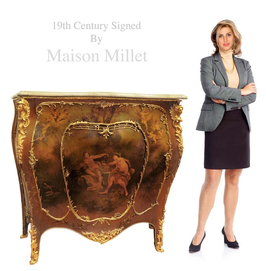 Maison Millet Figural Gilt Bronze Vernis Martin Cabinet: A Fine Maison Millet Louis XV Figural Gilt Bronze and Vernis Martin Cabinet. 19th C., 50" x 18" x H 45"