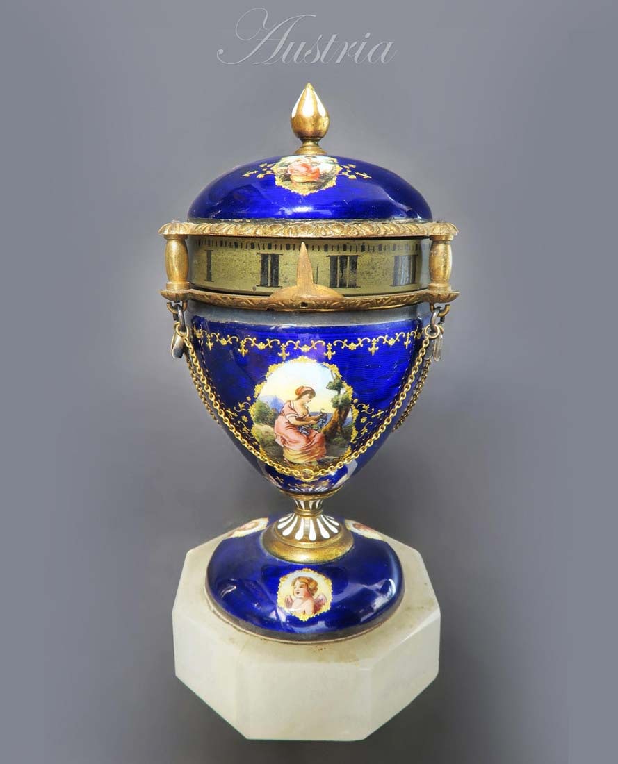 19th C. Austrian/Viennese Enamel Rotary Clock: 19th C. Austrian Gilt Translucent Enamel Rotary Clock. H 5" x W 2"