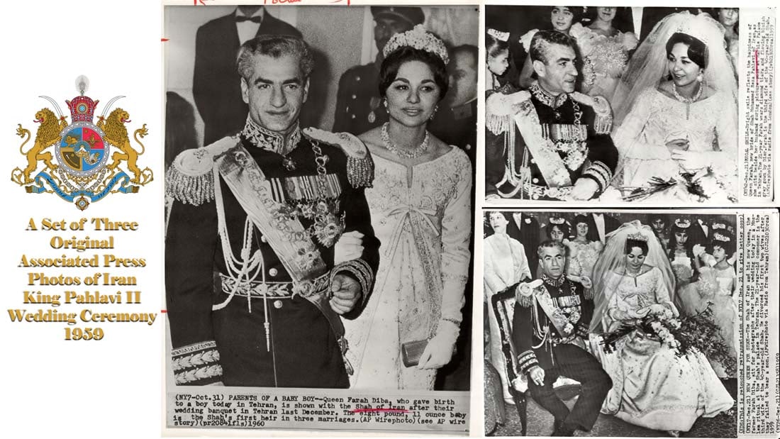 A Set of Three Original AP Press Photos of Iran King Pahlavi II Wedding Ceremony, 1959: A Set of Three Original Press Photos of Iran Persian King Mohammadreza Pahlavi Wedding Ceremony with Queen Farah Diba, 1959 by Associated Press News agency photographer from Tehran, Iran. Photos sizes