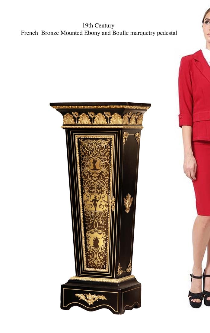 19th C. French Bronze Mounted Ebony Boulle Marquetry Pedestal: 19th C. French Bronze Mounted Ebony Boulle Marquetry Pedestal. H 49" x 20.5" x 13.5"