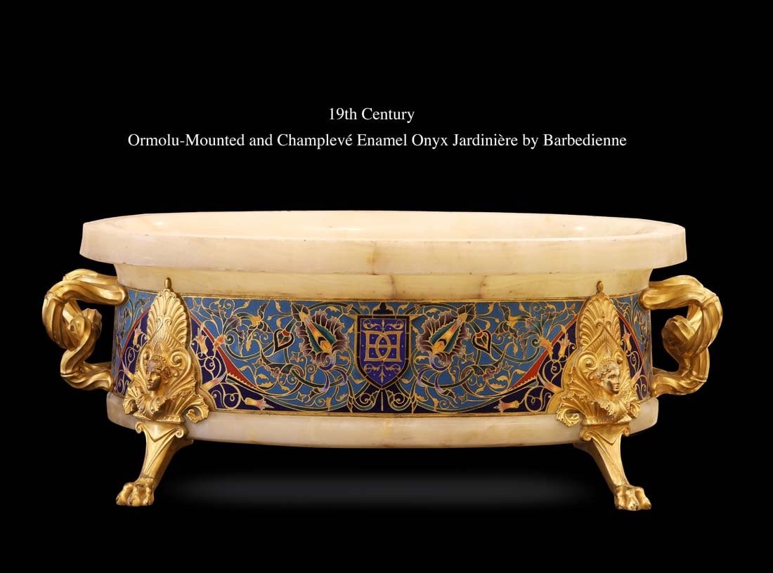 19th C. French Barbedienne Champleve Enamel Ormolu-Mounted Onyx Jardiniere/Centerpiece: 19th Century French F. Barbedienne Champleve Enamel Bronze-Mounted Onyx Jardiniere/Centerpiece. H 8.25" x W 11.75" x L 20.5"