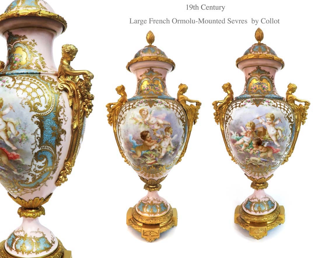 Pair of 19th C Large Sevres Bronze Vases, Collot Signed: A Pair of 19th C. Large French Ormolu-Mounted Sevres Hand Painted Porcelain Vases by Collot. H 24: