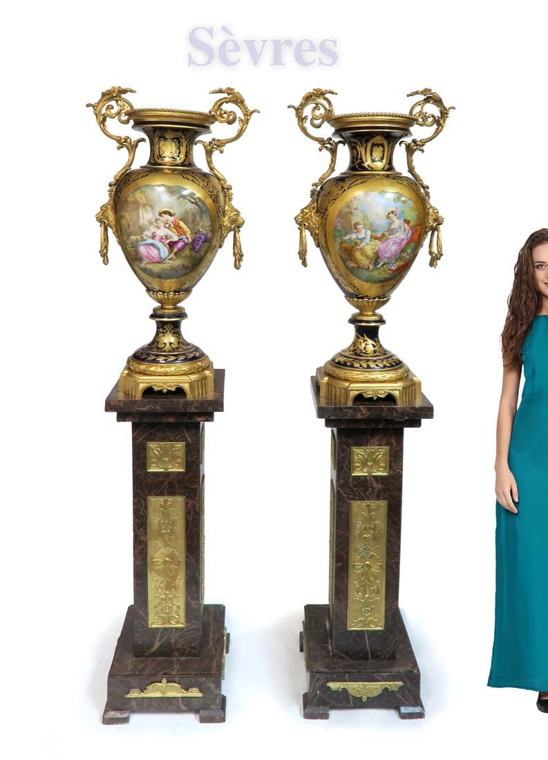 An Important Pair of Monumental Sevres Urns/Vases: An Important Pair of Monumental Sevres mounted and Cobalt Blue Hand Painted Porcelain Urns. French, 19th Century. NOTE: The pedestals are NOT included! H 40.5" x W 19"