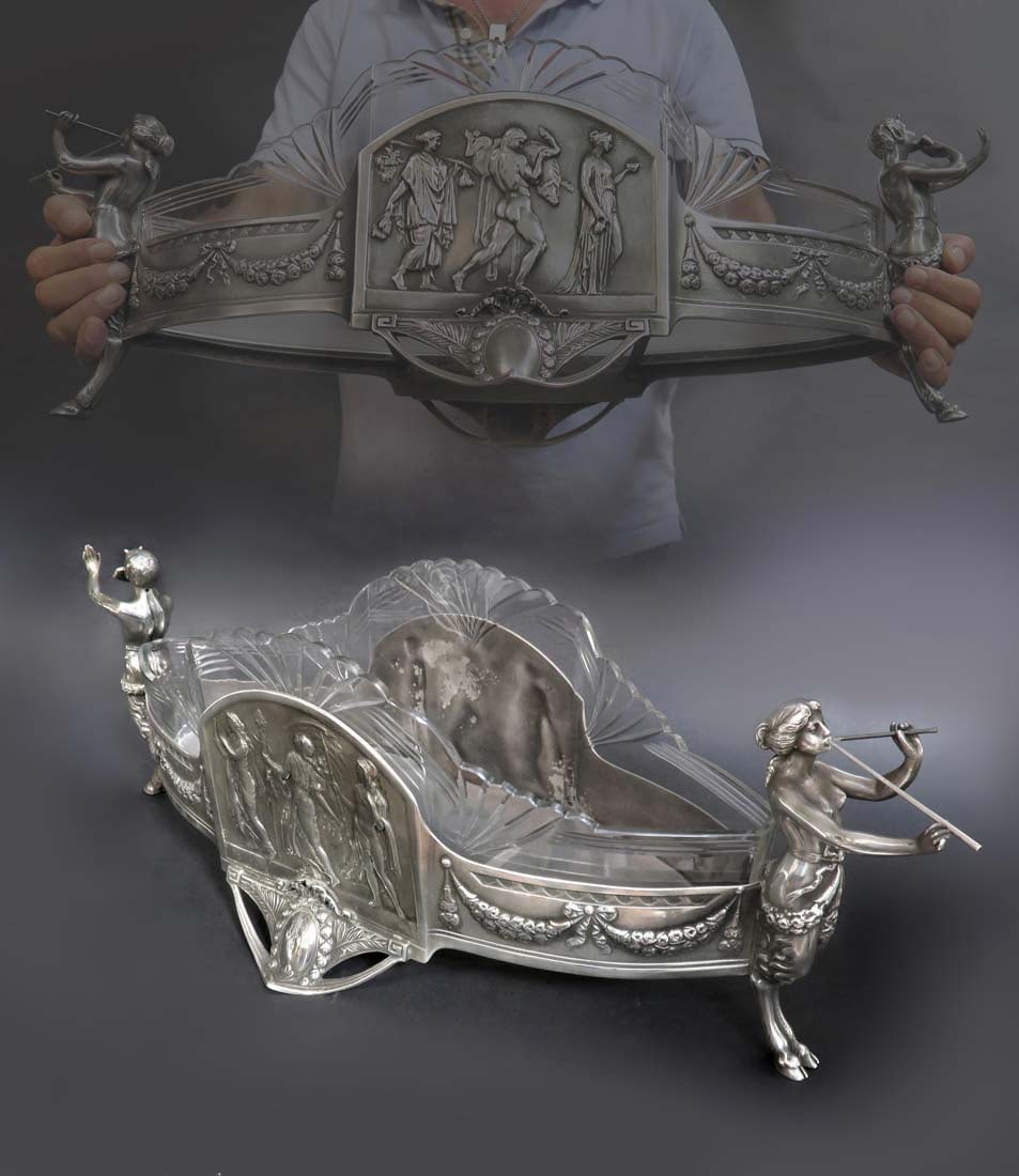 Large WMF Silver Plated Bronze Crystal Centerpiece: Large WMF Silver Plated Bronze Crystal Centerpiece. H 9.1/2" x 11.1/2" x 27.3/4"