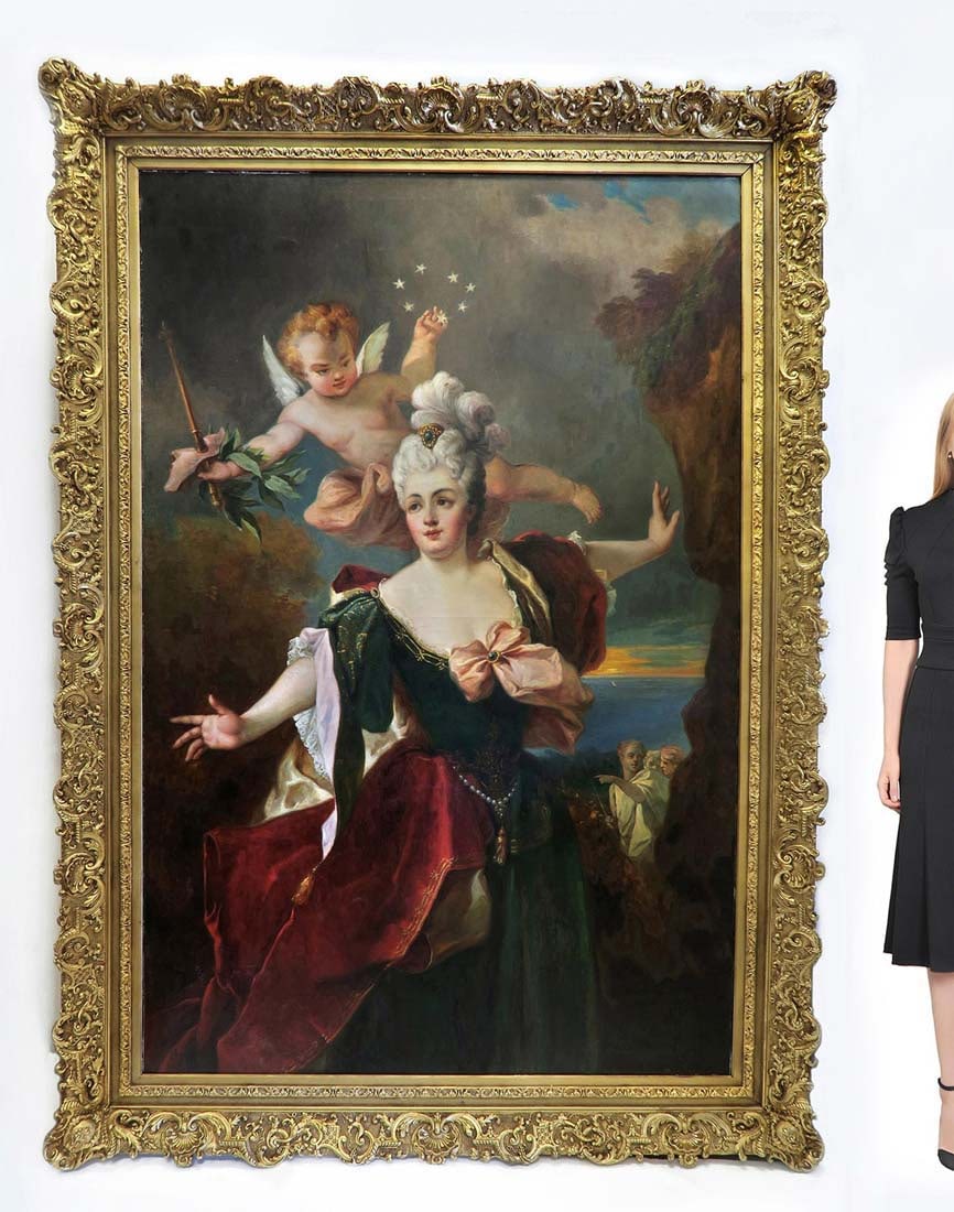 Nicolas de Largilliere (1656-1746) Palatial Painting: Nicolas de Largilliere (1656-1746) Palatial Painting. French painter Nicolas de Largilliere (1656-1746) depicted Mademoiselle Duclos in the role of Ariadne in 1712. Bacchus in the background is pointi