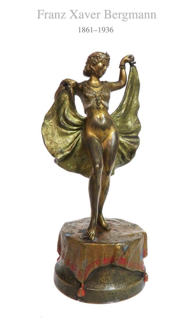BRONZE BY FRANZ BERGMAN OF SEMI NUDE EXOTIC DANCER: BRONZE SCULPTURE BY FRANZ BERGMAN OF SEMI NUDE EXOTIC DANCER, Austrian cold patina-ted bronze statue. H 7.1/2"