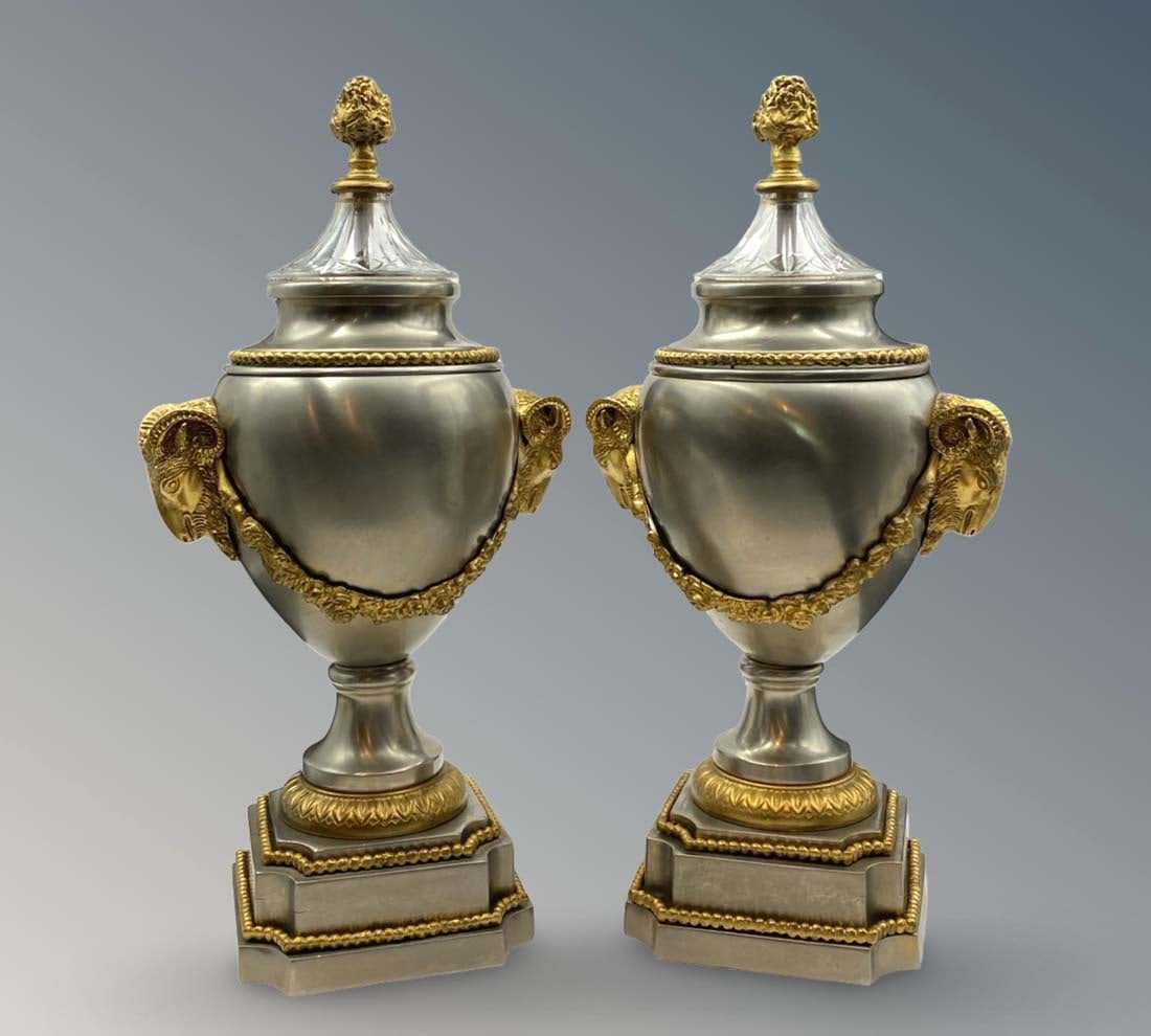 A Pair of Silver-Plated Bronze Figural Vases/Urns Glass Lidded (1 of 7)