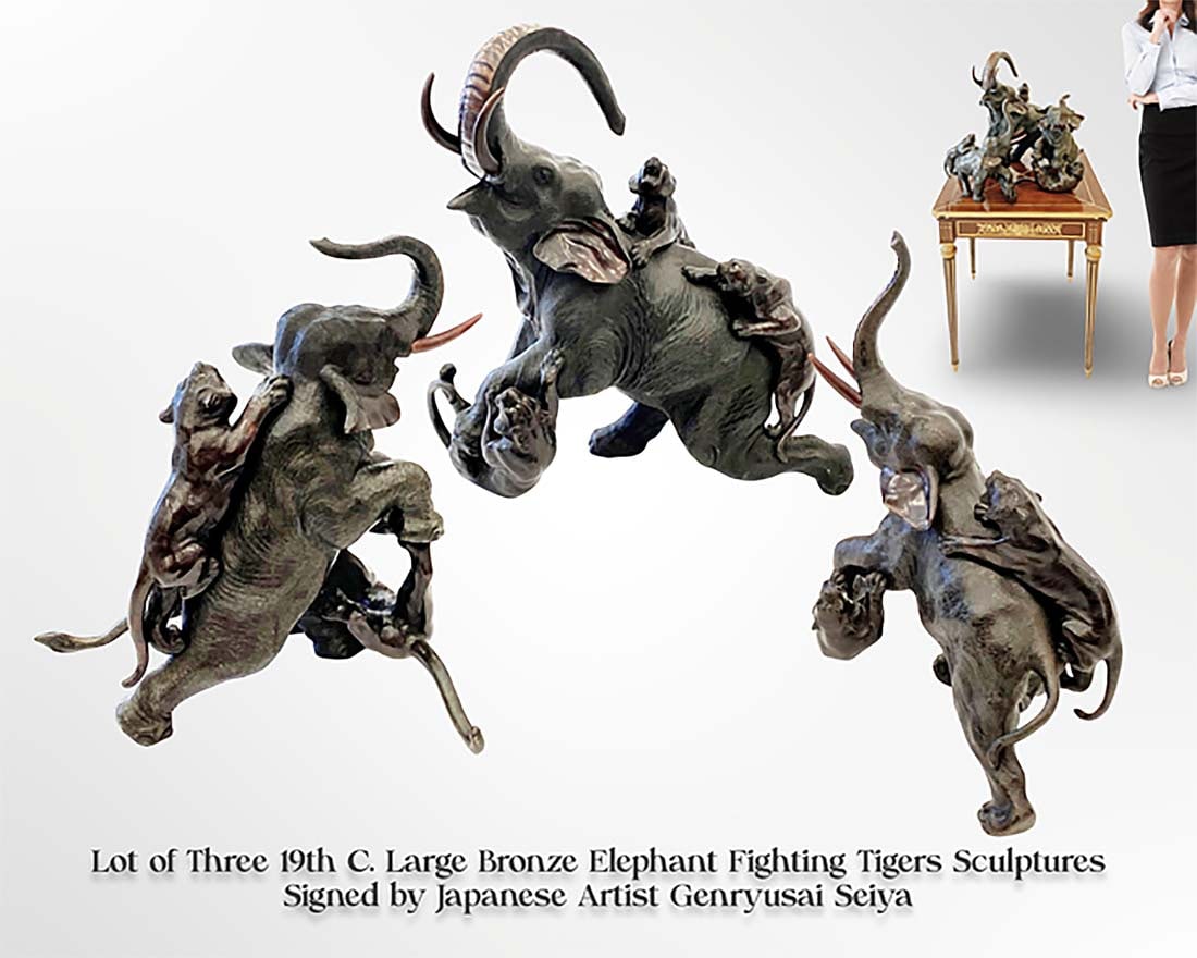 A Lot of 3 Large 19th C. Japanese Elephant Fighting Tigers Bronze Group Sculptures, Signed: A Lot of Three Large 19th C. Japanese Elephant Fighting Tigers Bronze Group Statues, Signed. Not: the pedestal is NOT included! Largest size: H 21" x L 19.25" x W 11", Smallest size: H 15.5" x L 14.5"