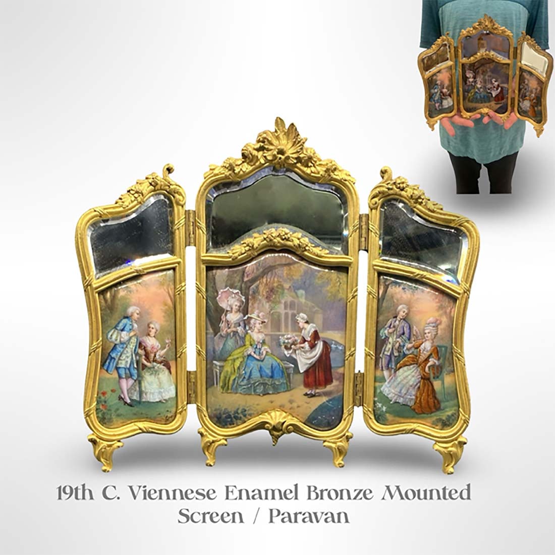 19th C. Austrian Viennese Enamel Bronze Screen/Paravane: 19th C. Austrian Viennese Enamel Bronze Screen/Paravane. H 12.25" x L 13.25"