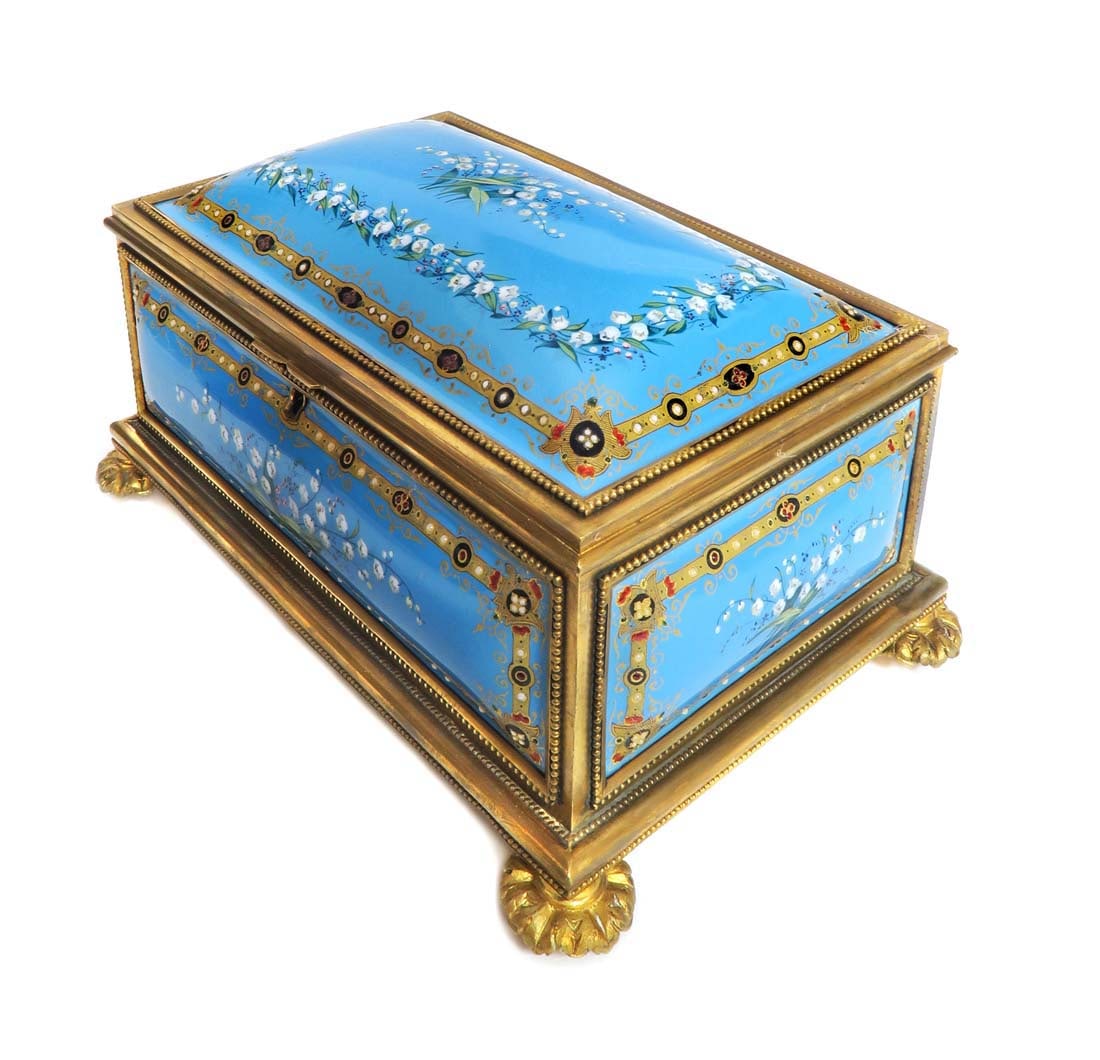 Large 19th C Jewelled Enamel Gilt Bronze Jewelry Casket: Large 19th C. French Jewelled enamel and gilt bronze jewelry casket. 9" x 6" x H 5"