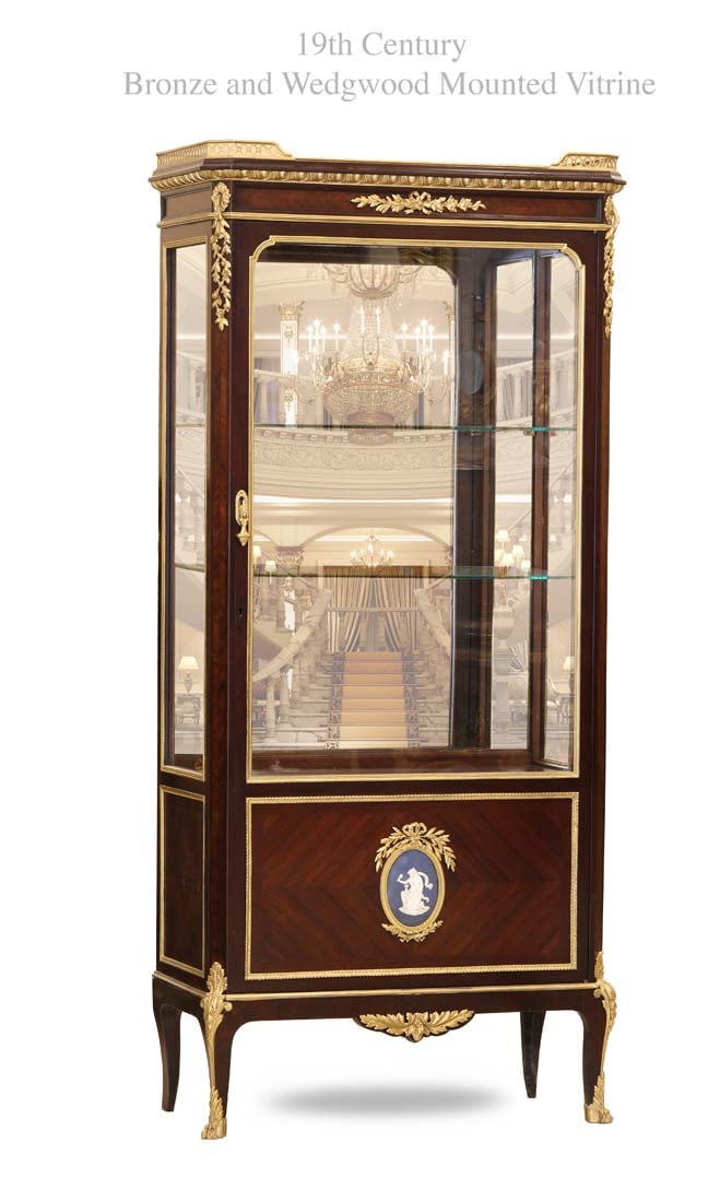 19th Century French Bronze Mounted Wedgwood Vitrine Cabinet: 19th Century French Bronze Mounted Wedgwood Vitrine Cabinet. H 64" x 29" x 14"