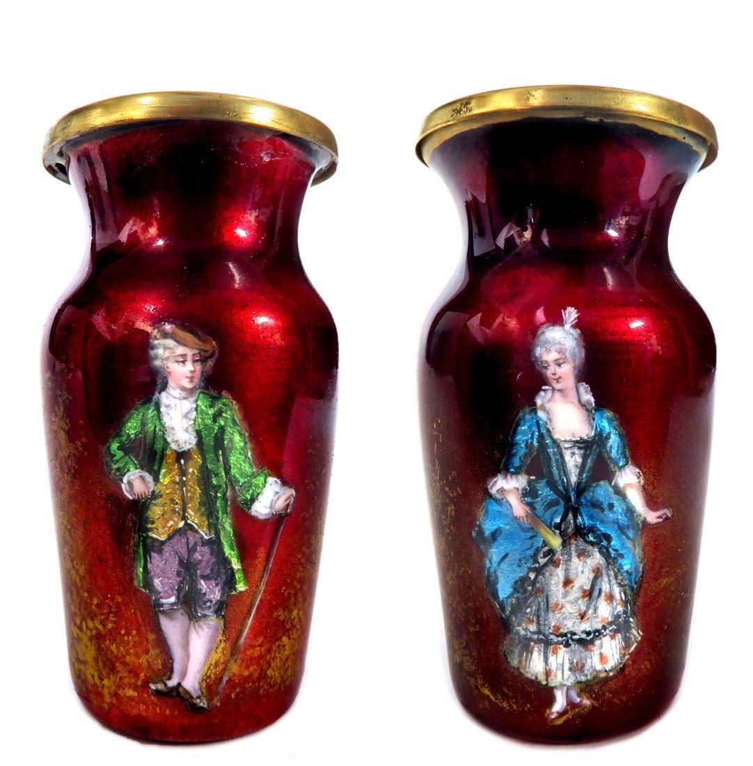 A Pair of 19th C. French Enamel on Copper Vases: A Pair of 19th C. French Enamel on Copper Vases. H 3"