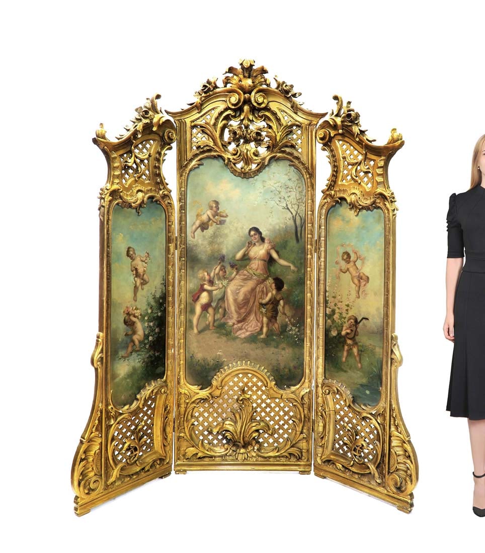 19TH C. FRENCH GILTWOOD AND PAINTED THREE-PANEL SCREEN (1 of 1)