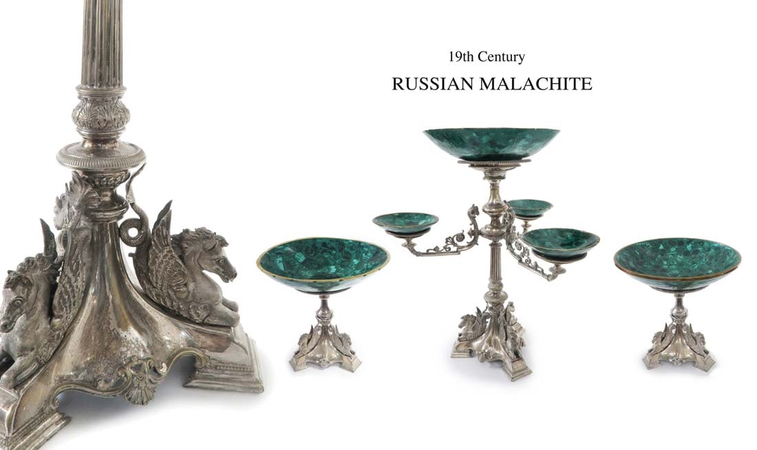 19th C. Malachite Figural Silver Plated Centerpiece Set (1 of 6)
