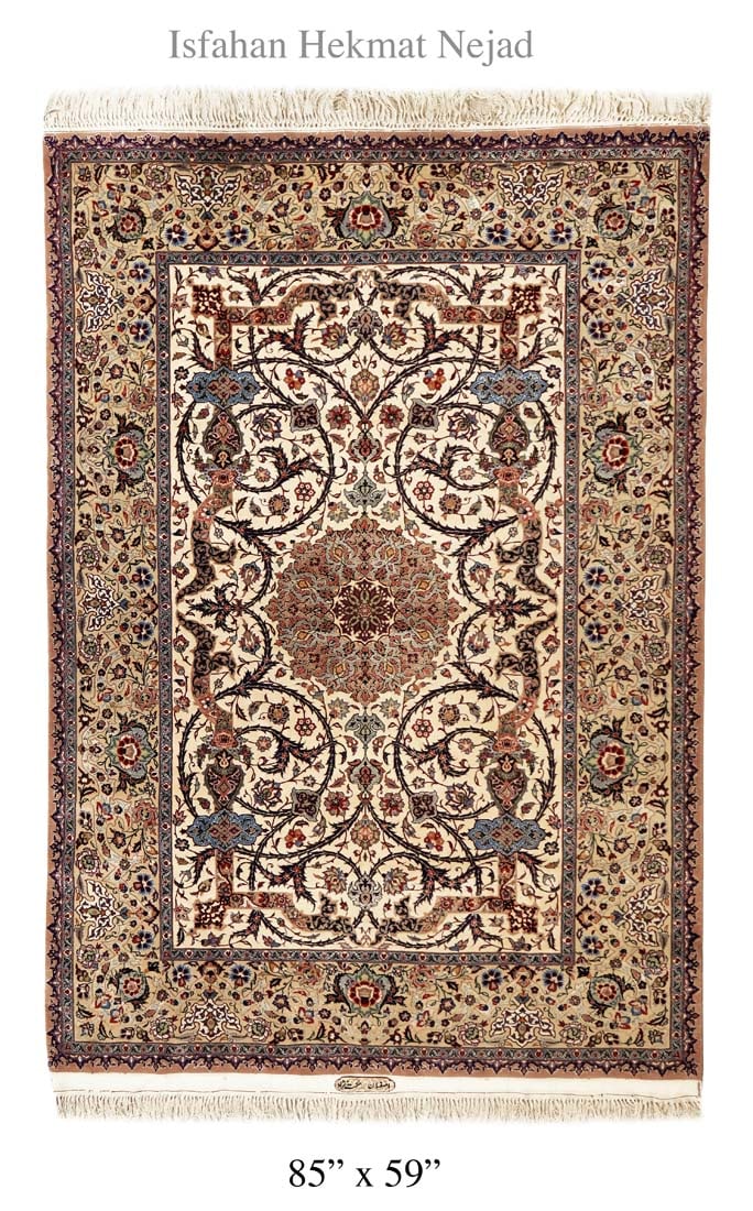 An Exquisite Persian Isfahan Wool Silk Rug, Hekmat Nejad Signed: An Exquisite Iran Persian Isfahan Wool Silk Rug, Hekmat Nejad Authentic Signed. 85" x 59"