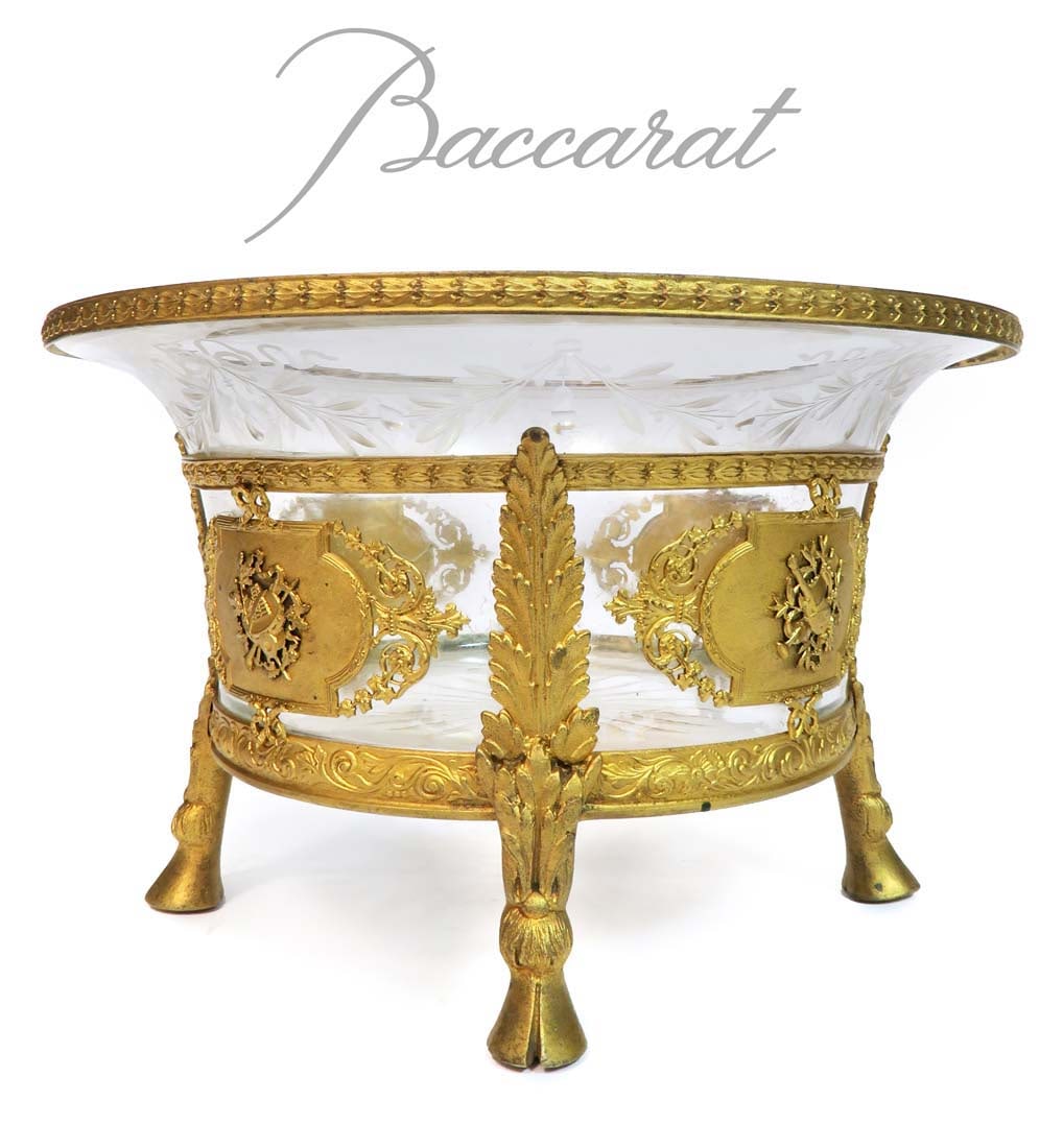 19th C. French Baccarat Crystal Dore Bronze Centerpiece: 19th C. French Baccarat Crystal and Fine Dore Bronze Centerpiece. W 9.1/2" x H 5.1/2"