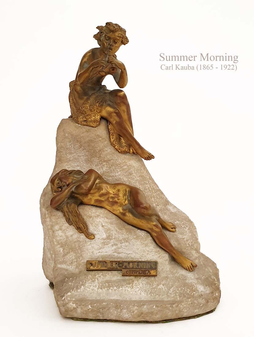 Summer Morning, A Rare CARL KAUBA Bronze Figurine Group: Summer Morning, Extremely Rare Carl Kauba Original Bronze sculpture on stone base, Signed. Circa 1900. H 8.75" X 5.75" x 4.75". About Artist: Carl Kauba was born August 13, 1865 in Vienna, Austria. Th