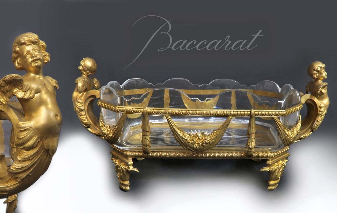 Baccarat Crystal/Dore Figural Bronze Centerpiece 19th C: 19th C. French Baccarat Crystal and Figural Dore Bronze Centerpiece. H 7" x 16" x 7"