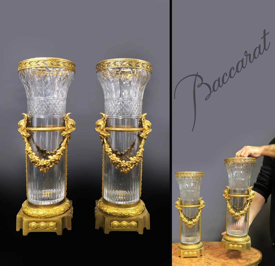 Large 19th C. Pair of Baccarat Crystal & Bronze Vases: Large 19th C. Pair of Baccarat Crystal & Bronze Vases. French, H 17" x 6" x 6".