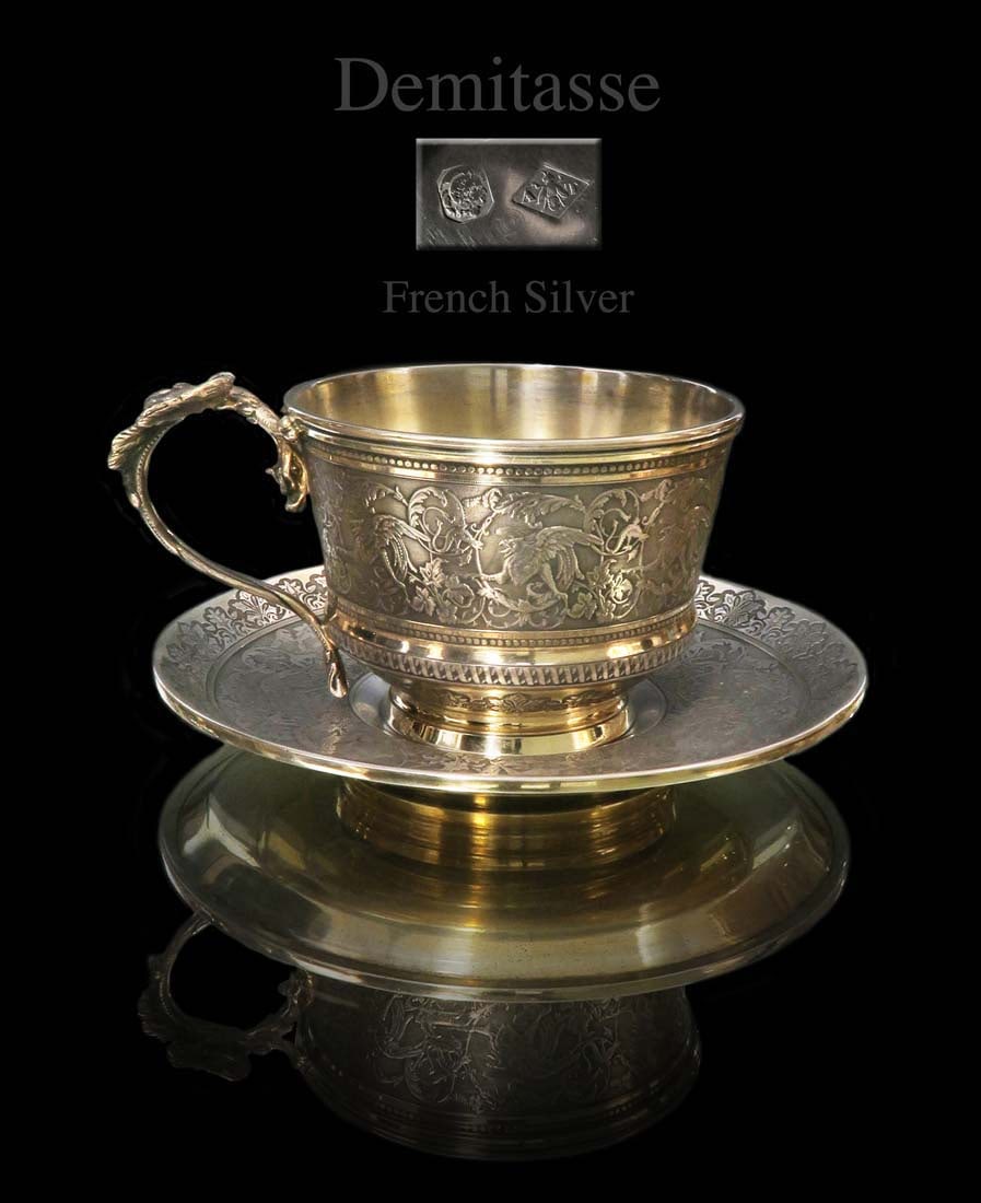Large French Demitasse Silver Cup & Saucer, C. 1890: Large French Demitasse Silver Cup & Saucer, circa 1890. Weight: 421 grams. saucer: 6.1/2", Cup: W 5.1/2" x H 3"