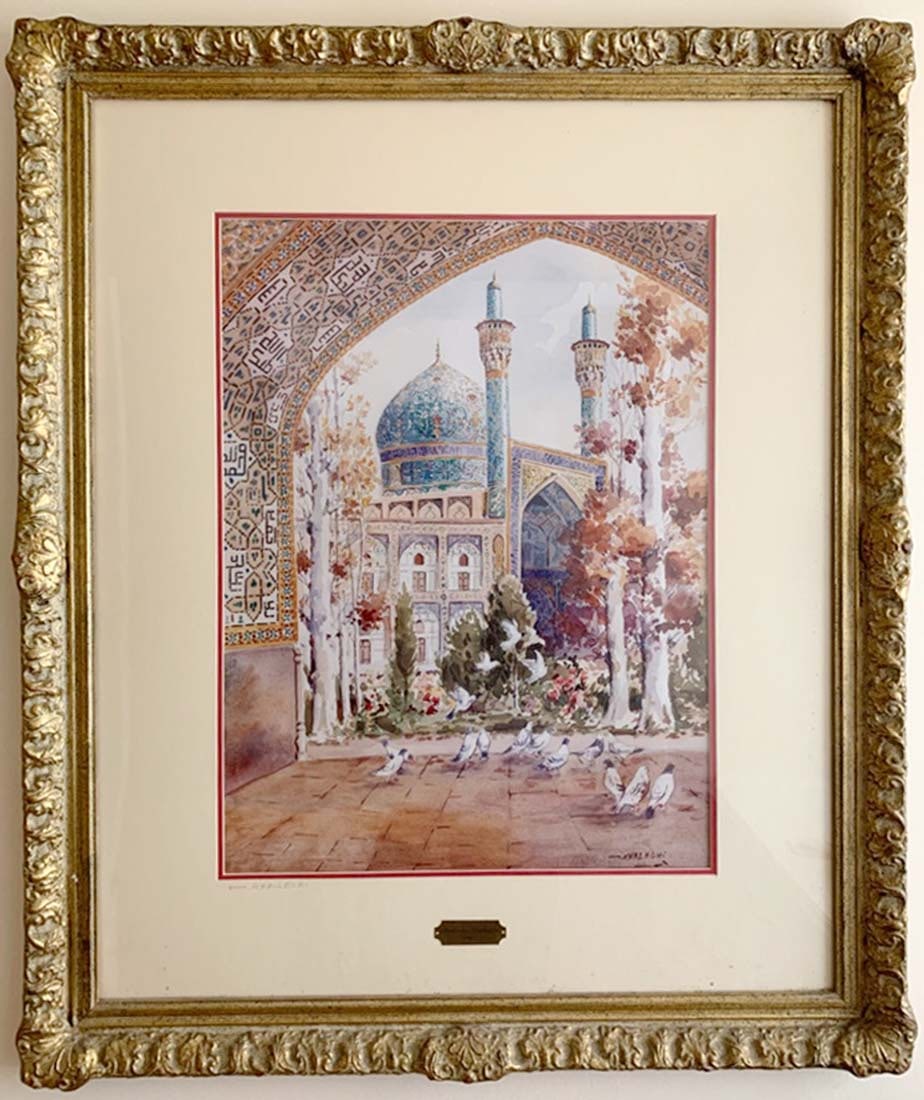 A Mansour Khaleghi (Persian Artist) Painting: Pigeons in the courtyard of the mosque, A Mansour Khaleghi (Persian Artist) Painting. Frame: 29.1/2"" x 35.1/4", Painting: 23" x 17"