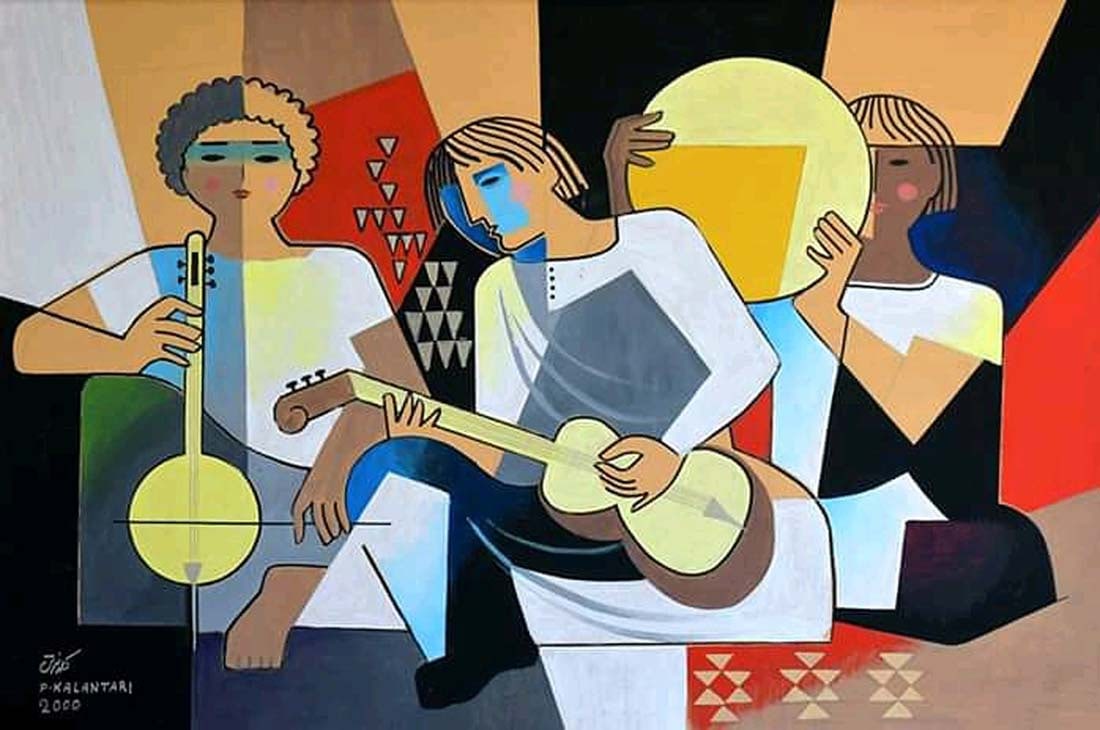 The Musicians, Parviz Kalantari Modern Painting, Signed: The Musicians, A Rare Modern Painting By Famous Persian Painter "Parviz Kalantari", Signed and Dated 2000. 37" x 25" (94cm x 64cm). Parviz Kalantari (Iranian, 1931-2016) was a contemporary Persian